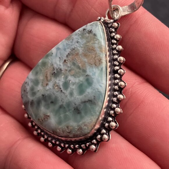 Green Blue and Beige Pectolite Larimar Stone Jewelry Crystal Pendant - Picture 5 of 6